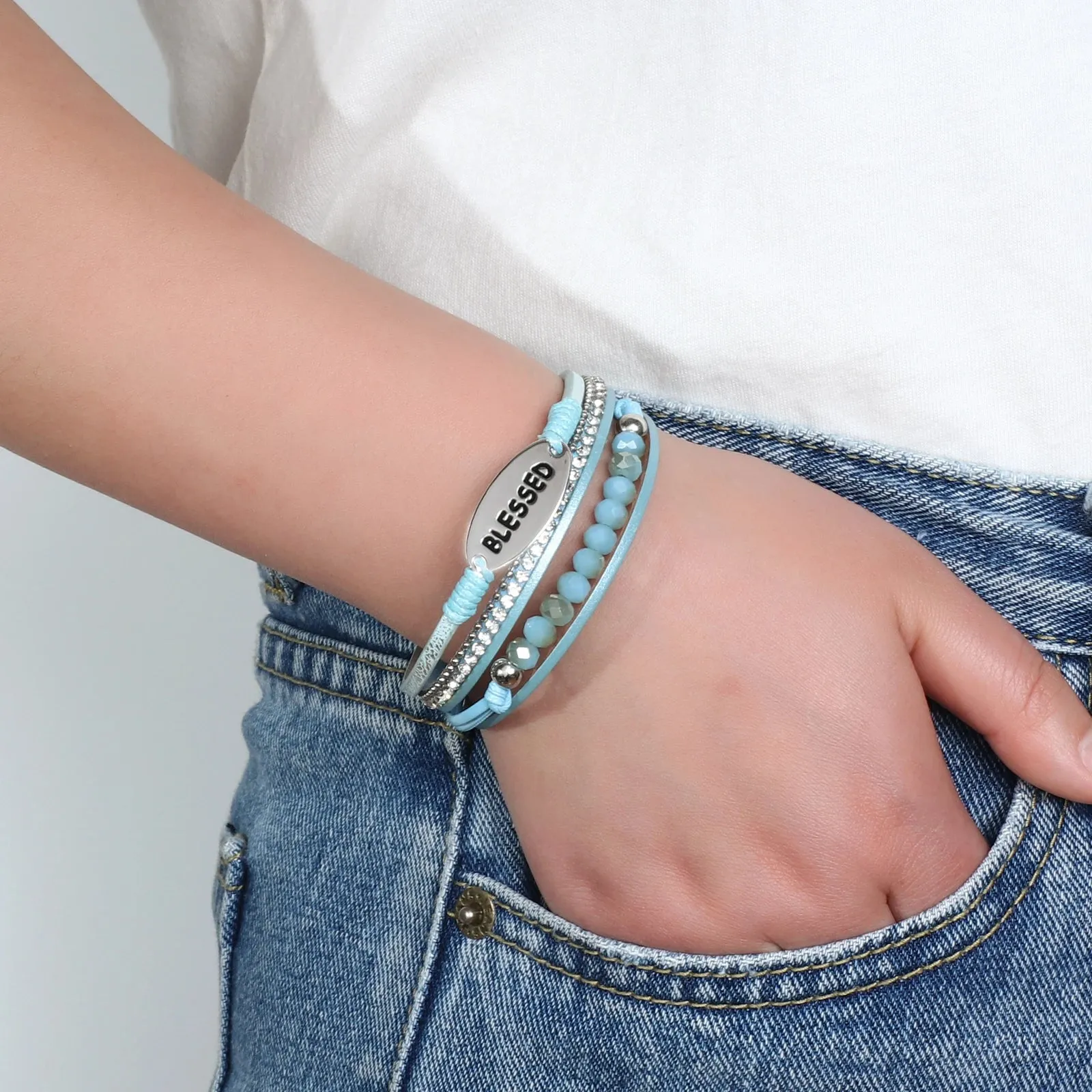 'Blessed' Charm Cuff Bracelet - blue