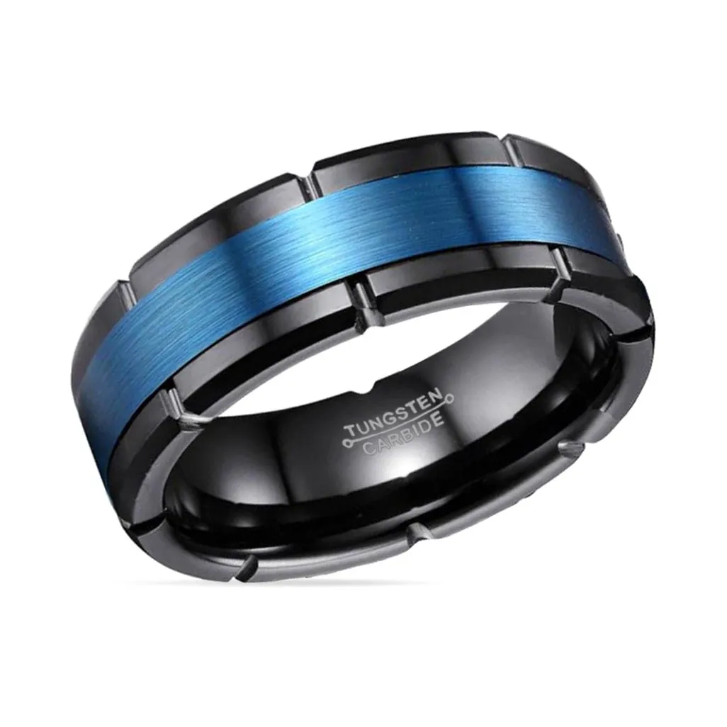 BLIZZARD | Black Tungsten Ring, Blue Brushed Stripe, Notches, Flat