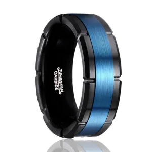 BLIZZARD | Black Tungsten Ring, Blue Brushed Stripe, Notches, Flat