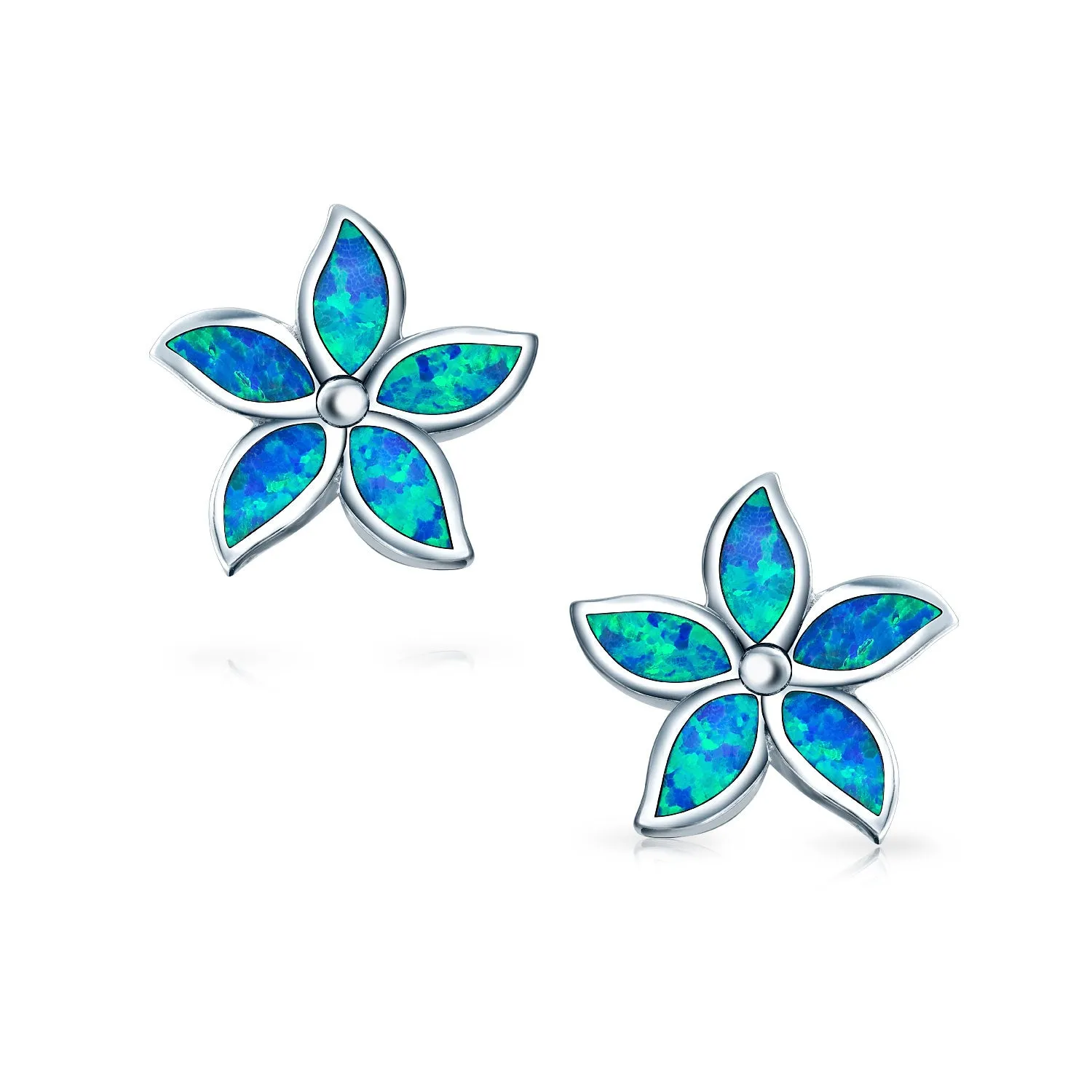 Blue Opal Petal Flower Stud Earrings Sterling Silver October Birthstone