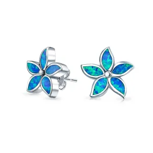 Blue Opal Petal Flower Stud Earrings Sterling Silver October Birthstone