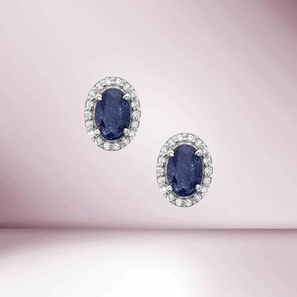 Blue Sapphire Oval Shape Halo Diamonds Studs Earrings (1.60 ct.) in 14K Gold