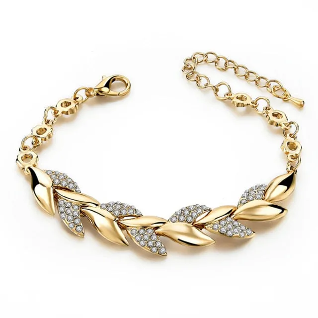 Bohemian Style Women Girls Gold Bracelet  Rhinestone Leaves Chain Bangle Luxury Wedding Jewelry Simple Fashion Elegant New