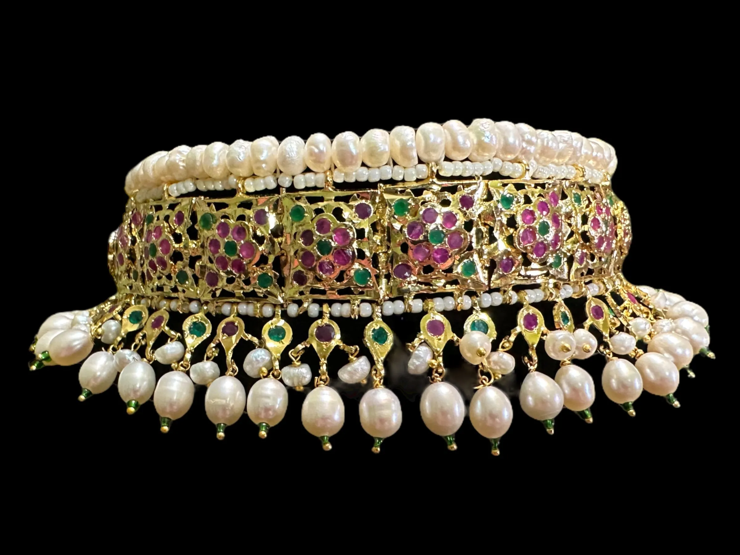 BR311 Kulsum bridal set in fresh water pearls with ruby emerald combination ( READY TO SHIP )