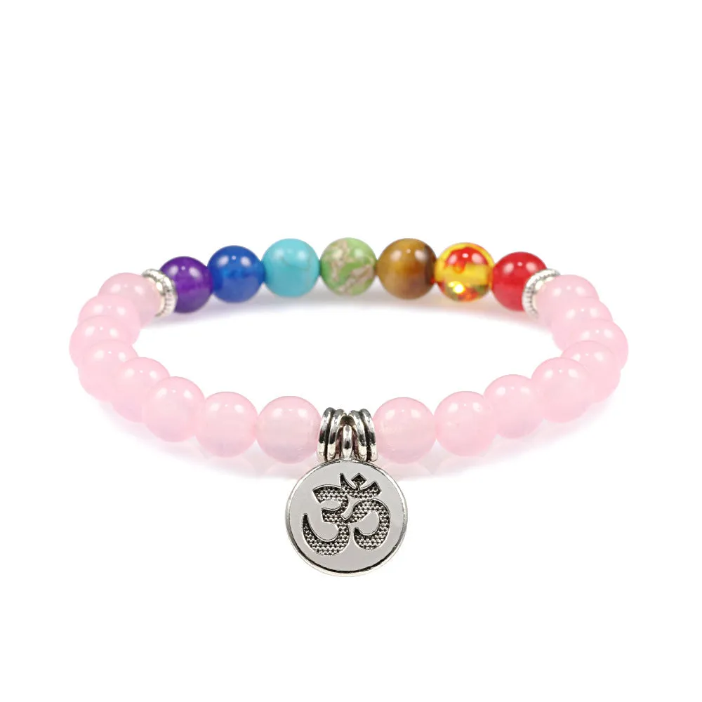 Colorful Beads Weathered Granite Crystal Bracelet Om Alloy Pendant Yoga Bracelet Wrist Ring