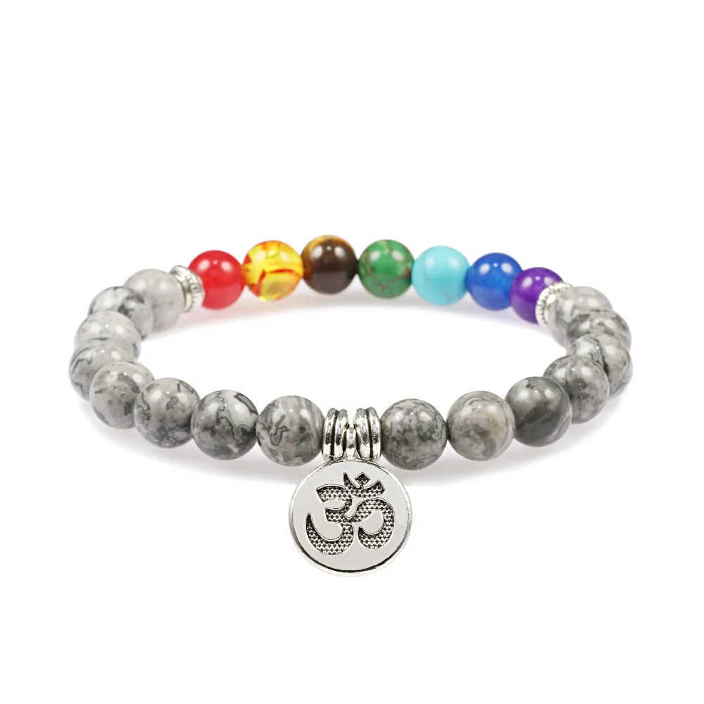 Colorful Beads Weathered Granite Crystal Bracelet Om Alloy Pendant Yoga Bracelet Wrist Ring