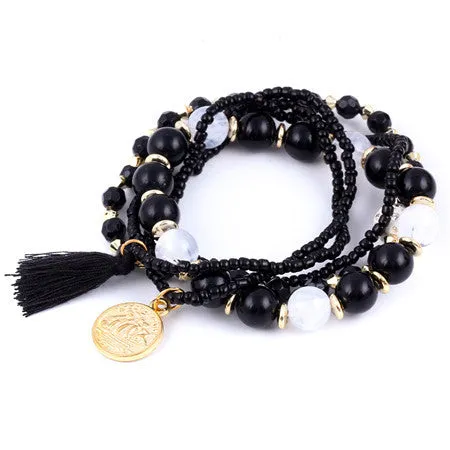 Colorful pulseras Bohemian Ethnic Style Multilayer Beaded Tassel Elastic Rubber Bands Bracelets for Women