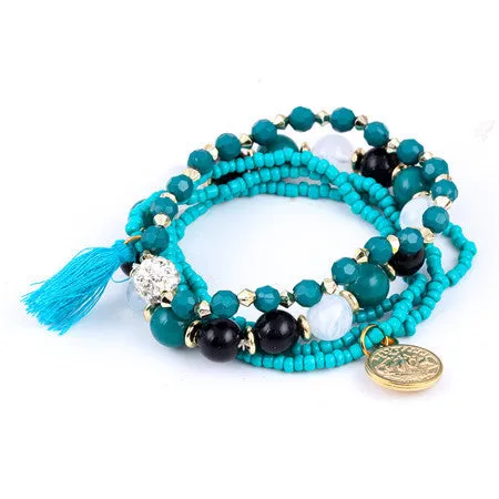 Colorful pulseras Bohemian Ethnic Style Multilayer Beaded Tassel Elastic Rubber Bands Bracelets for Women