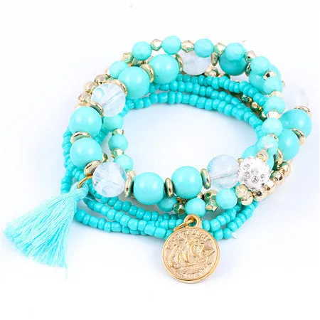 Colorful pulseras Bohemian Ethnic Style Multilayer Beaded Tassel Elastic Rubber Bands Bracelets for Women