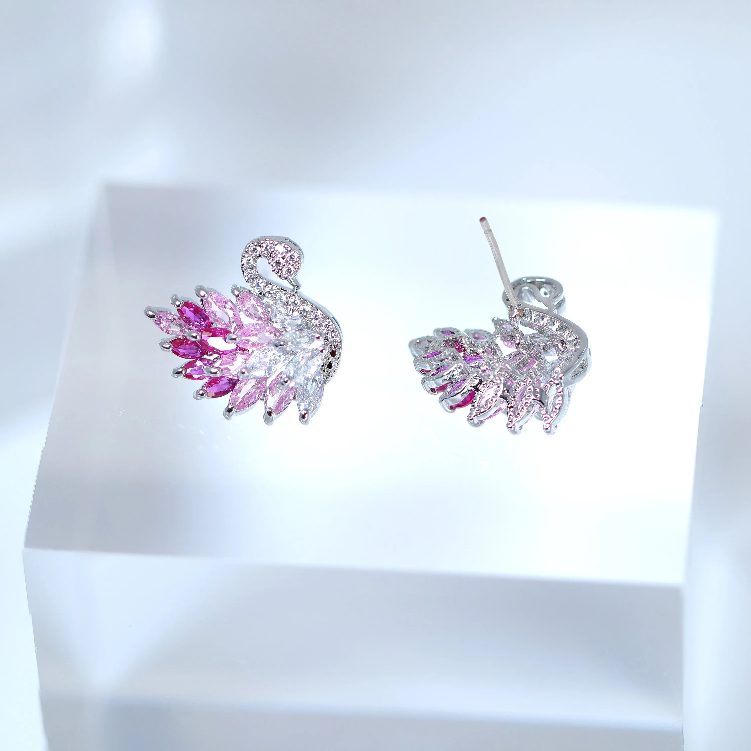 Cubic Zirconia Diamond Pink Swan stud Earrings, Bridal Jewelry, Bridal Stud Earrings, Crystal Bridal Earrings, Statement Earrings Cz