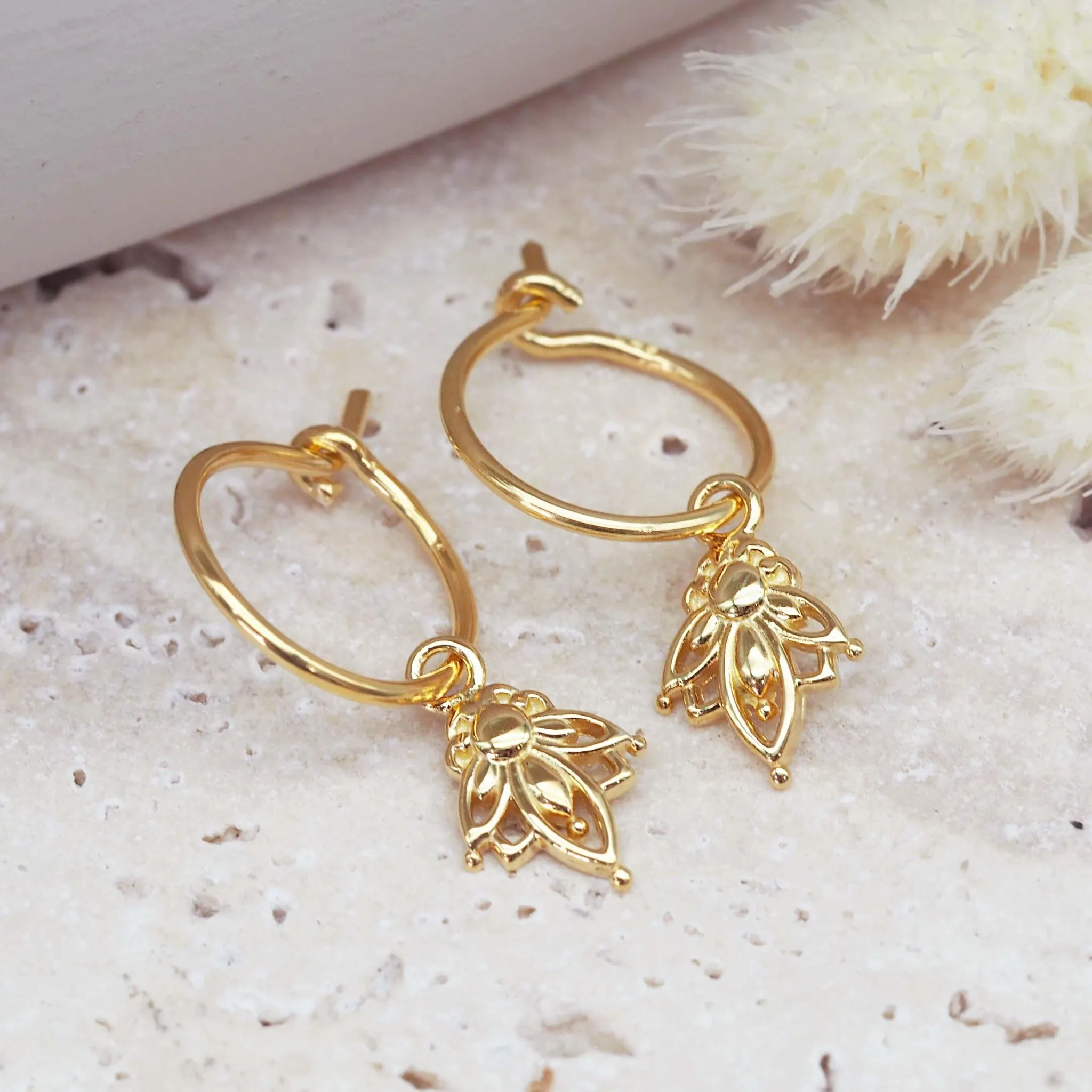 Dainty Lotus Hoop Gold Earrings