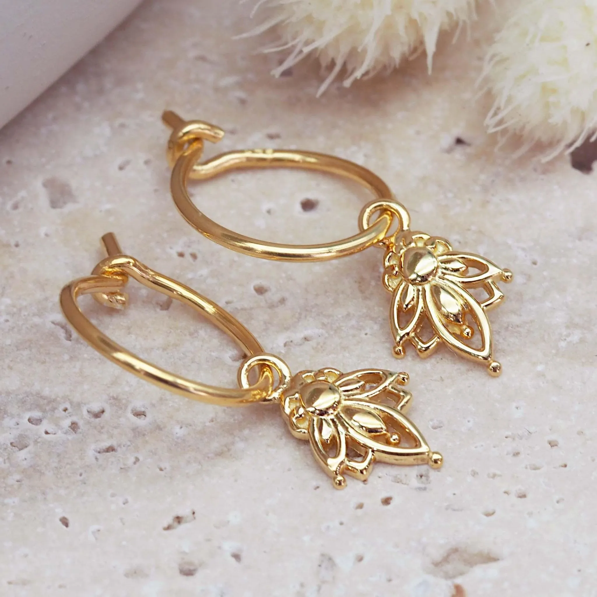 Dainty Lotus Hoop Gold Earrings