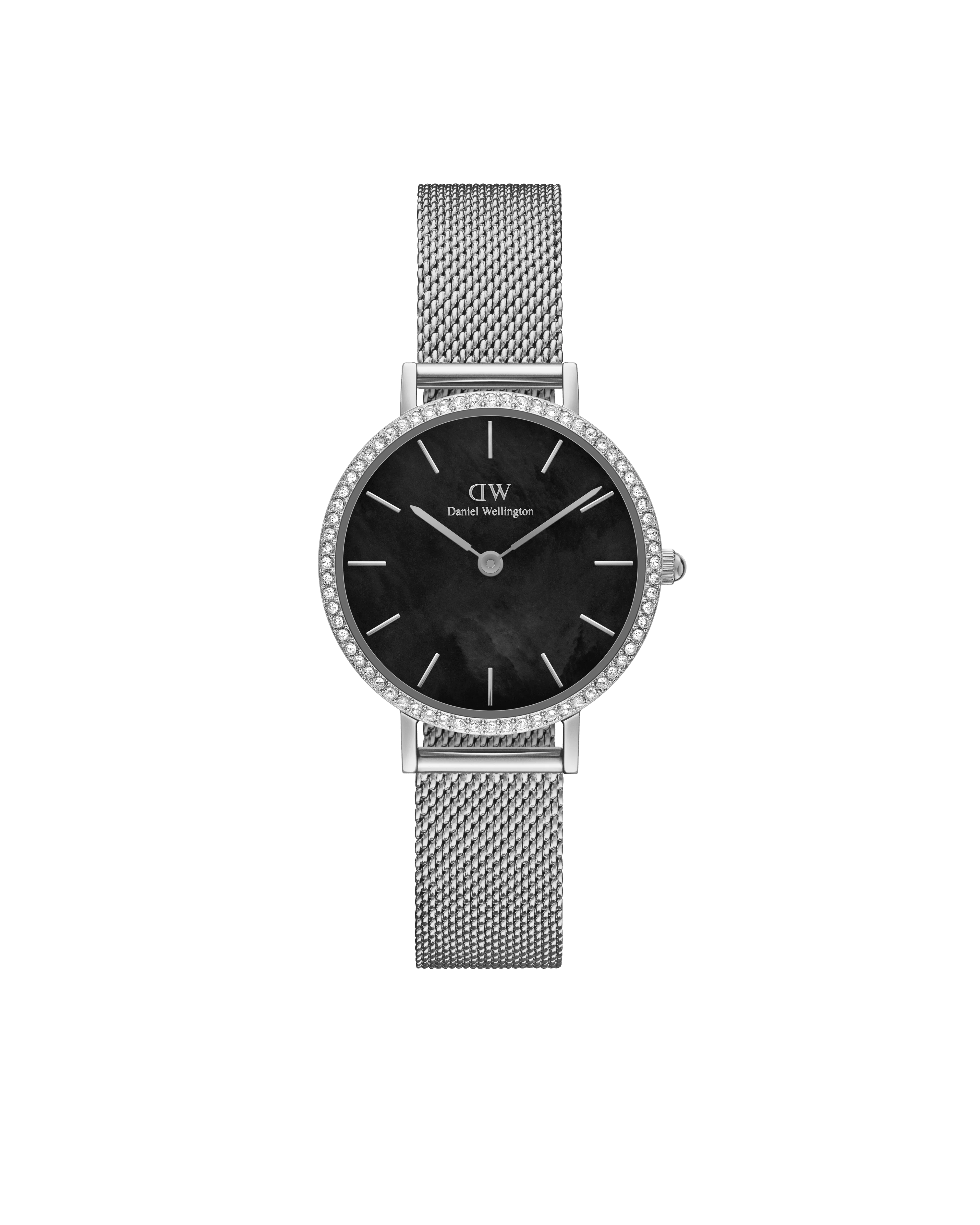 Daniel Wellington Petite 28 Bezel Mesh Black Mother of Pearl Silver Watch