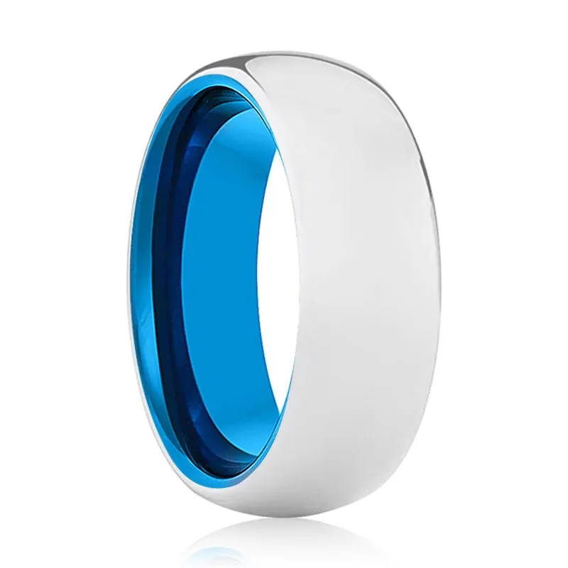 DELTA | Blue Tungsten Ring, Silver Tungsten Ring, Shiny, Domed