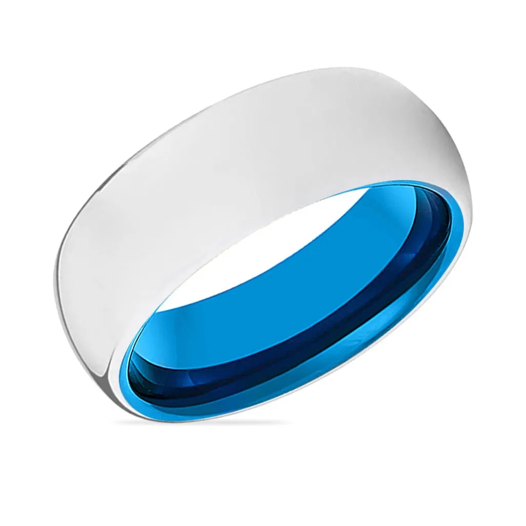 DELTA | Blue Tungsten Ring, Silver Tungsten Ring, Shiny, Domed