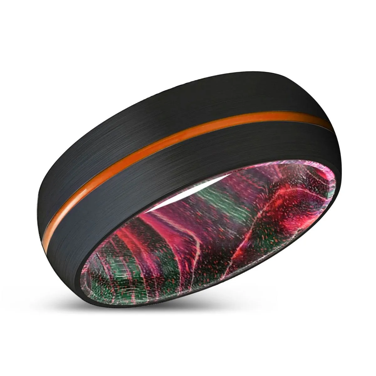 DENDRO | Green & Red Wood, Black Tungsten Ring, Orange Groove, Domed