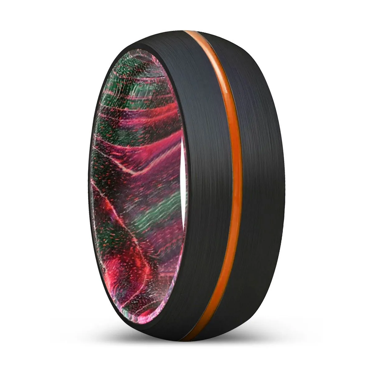 DENDRO | Green & Red Wood, Black Tungsten Ring, Orange Groove, Domed