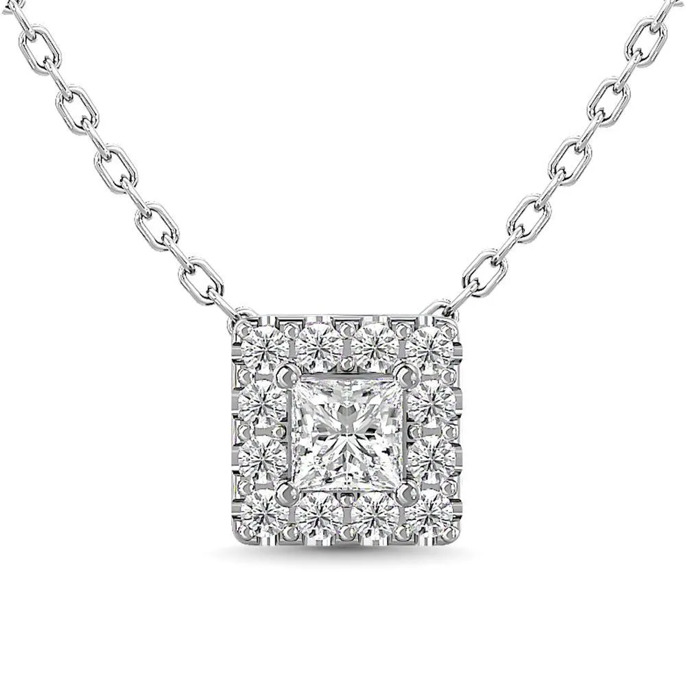 Diamond 1/4 ct tw Round and Princess Halo Pendant  in 14K White Gold