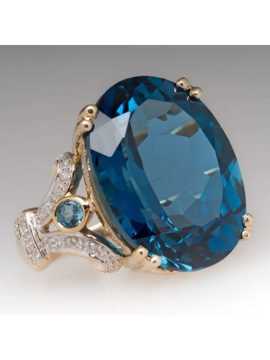 Exquisite Clear Blue Oval Large Inlaid Women's Ring