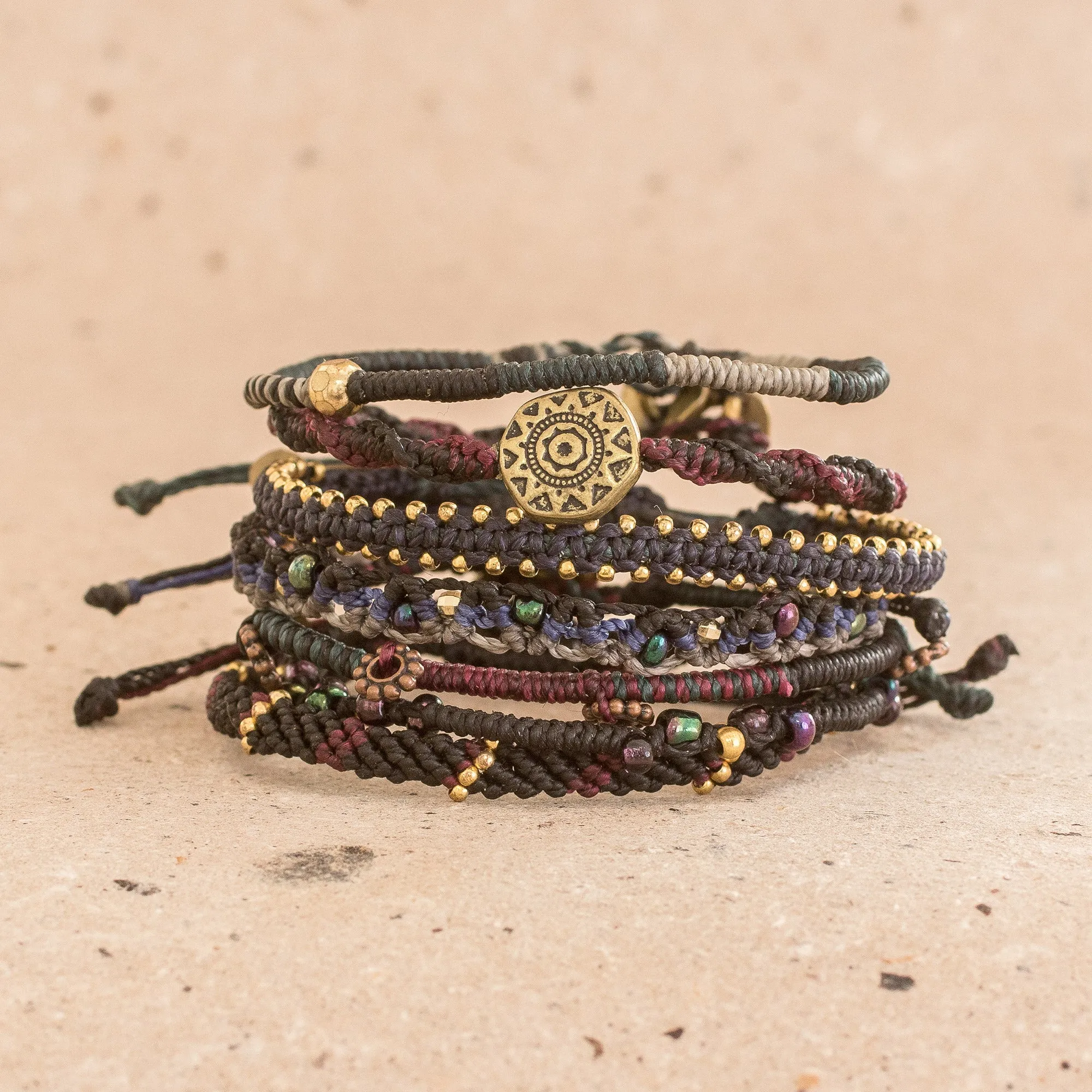 Glass Beaded Macrame Bracelets in Black (Set of 7) - Boho Histories in Black | NOVICA