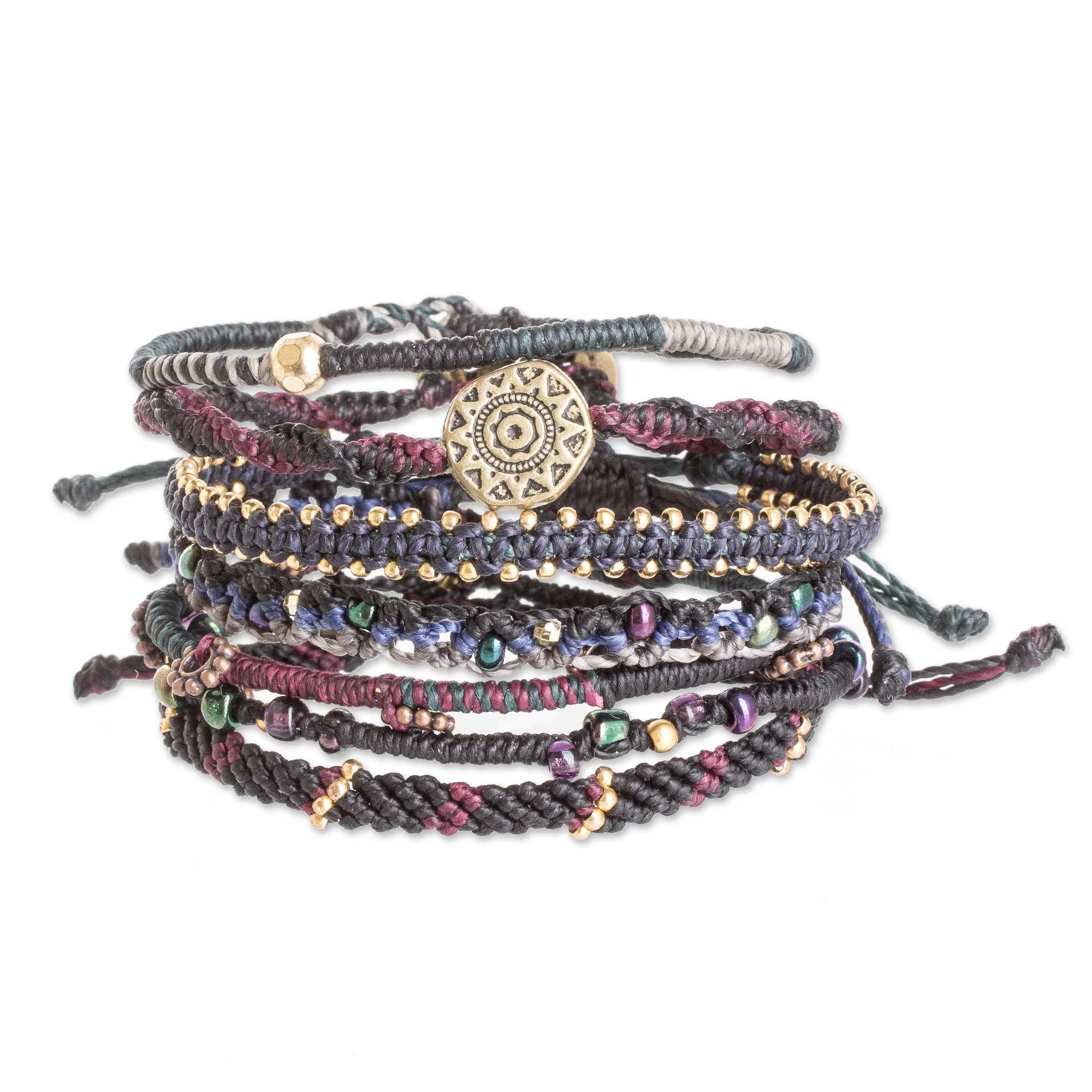 Glass Beaded Macrame Bracelets in Black (Set of 7) - Boho Histories in Black | NOVICA