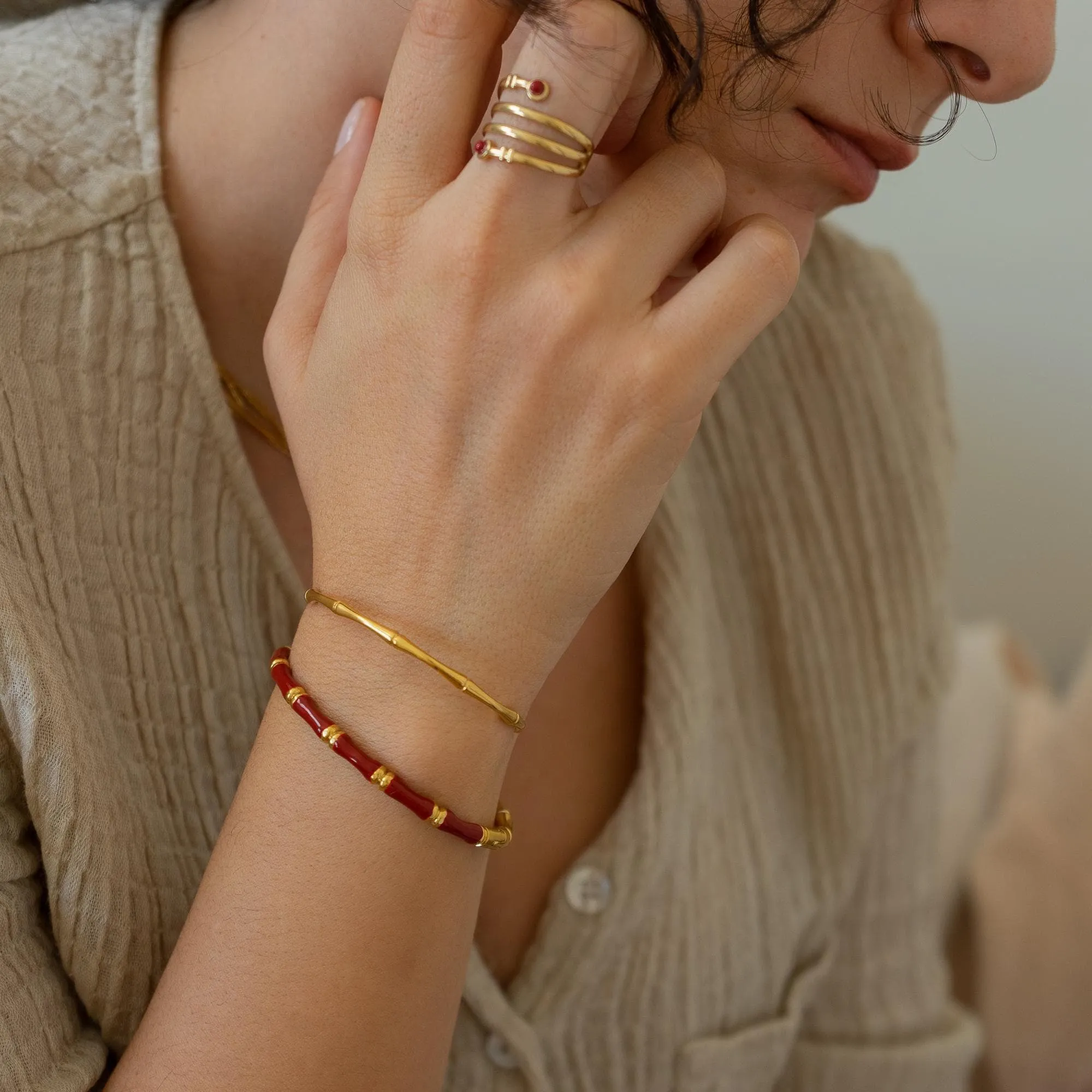 Gold Bamboo Bracelet with Color Enamel