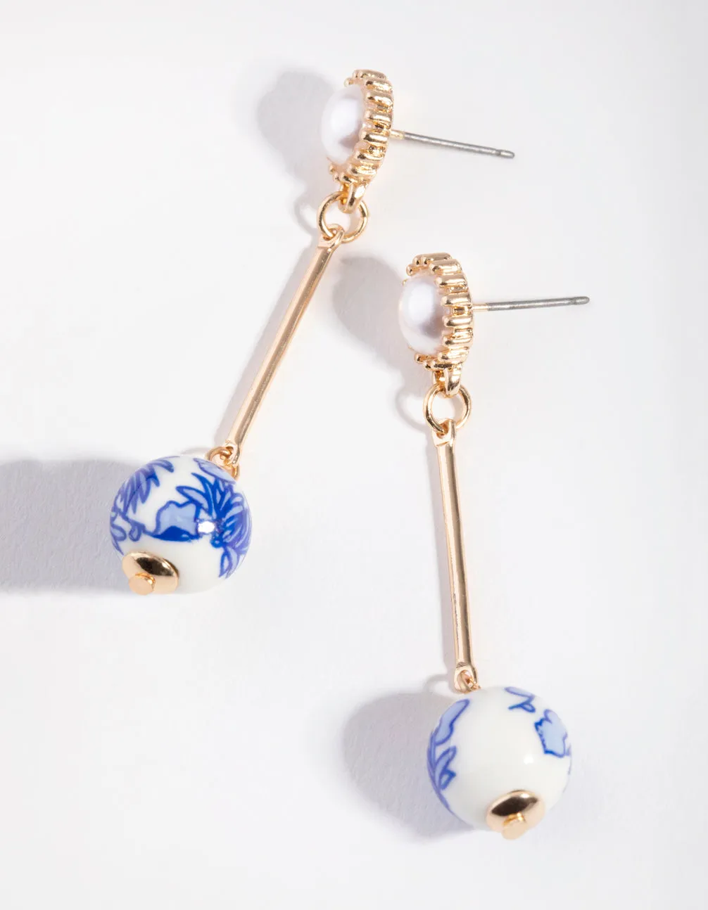 Gold Blue China Drop Earrings