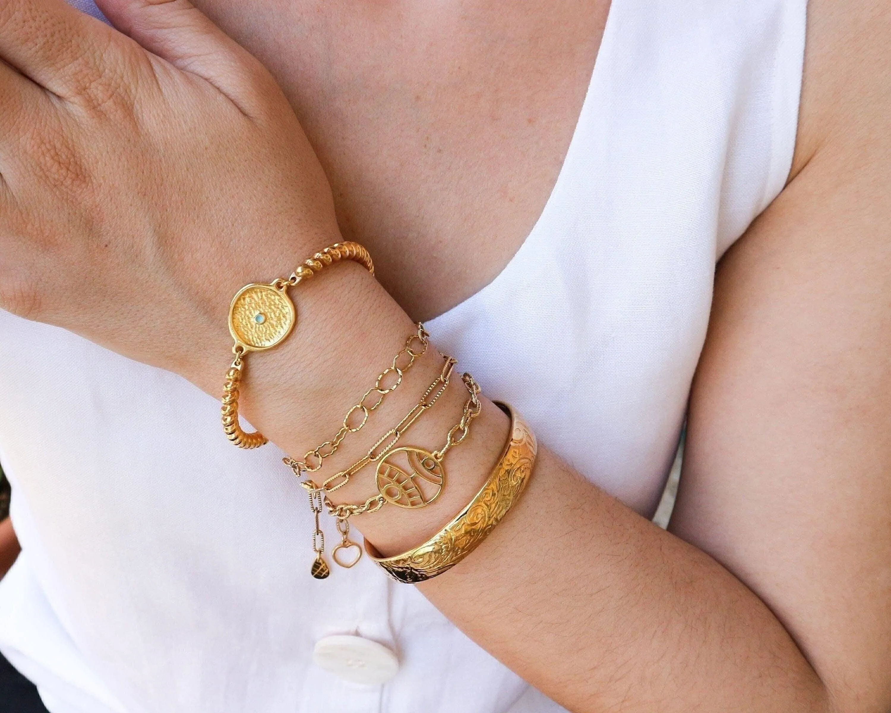 Gold Ethnic Tribal Cuff with Floral Pattern