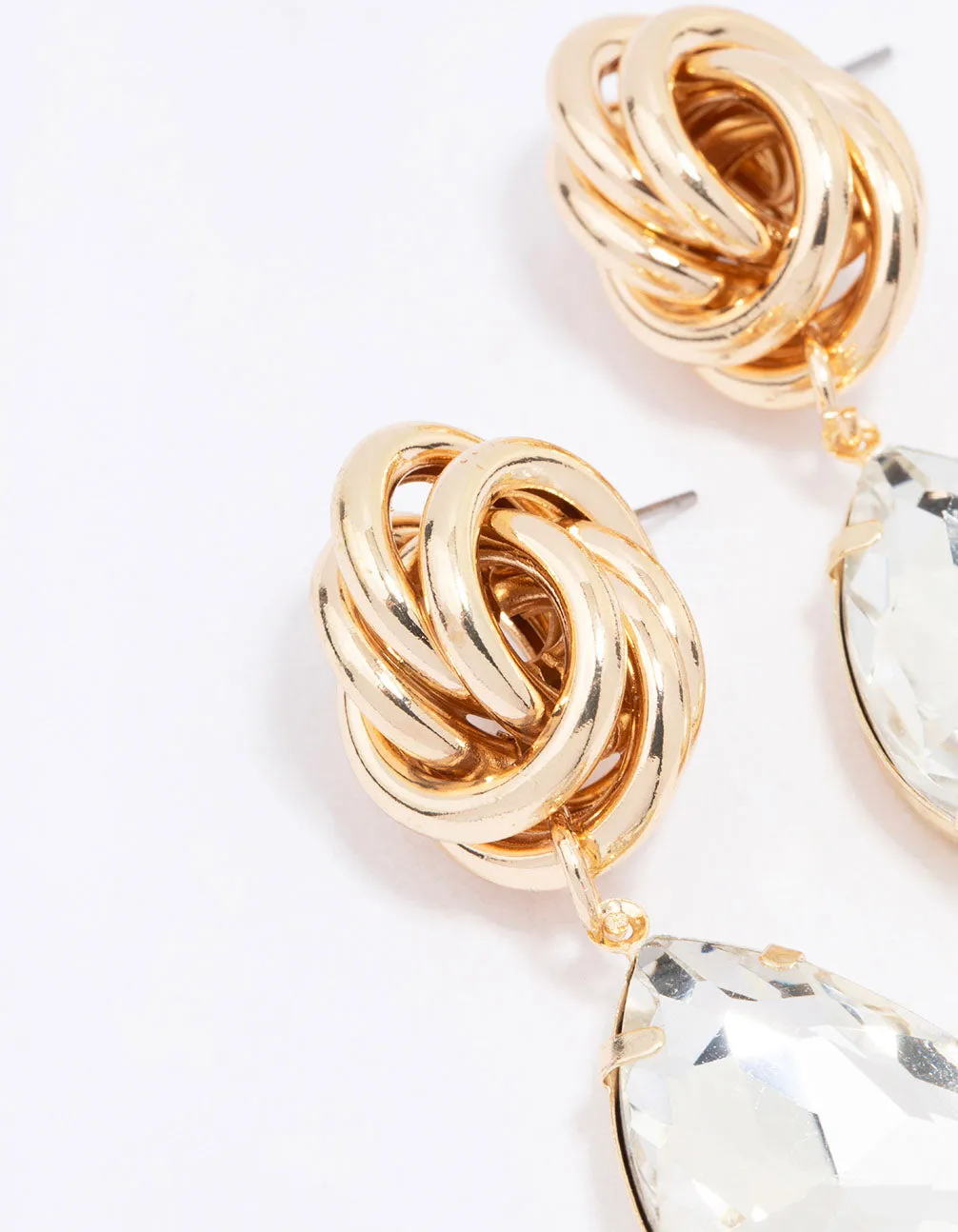 Gold Knotted Large Diamante Drop Earrings