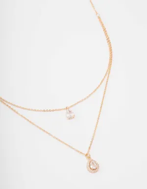 Gold Pear Halo Layered Necklace