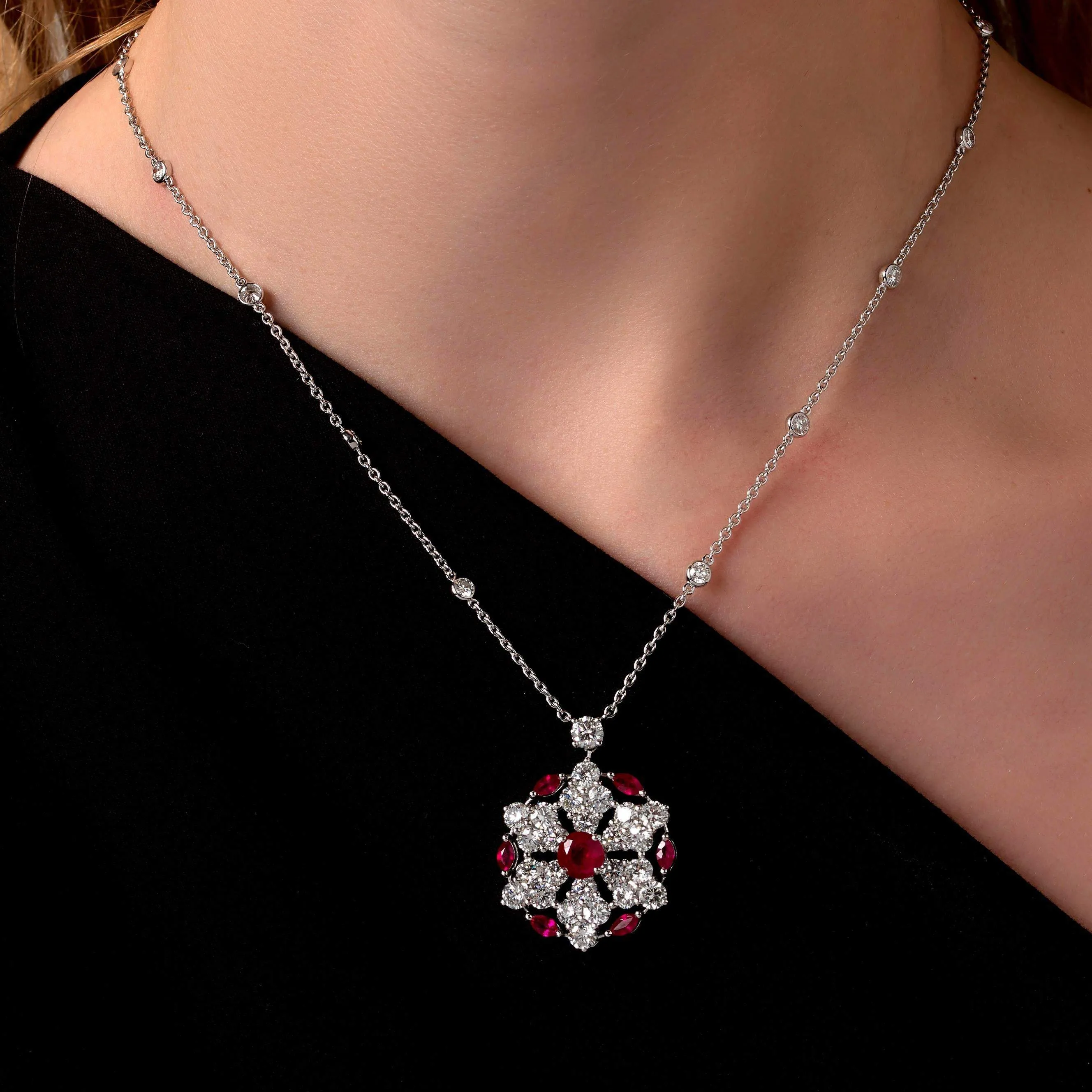 Graff Ruby & Diamond White Gold Snowflake Pendant Necklace