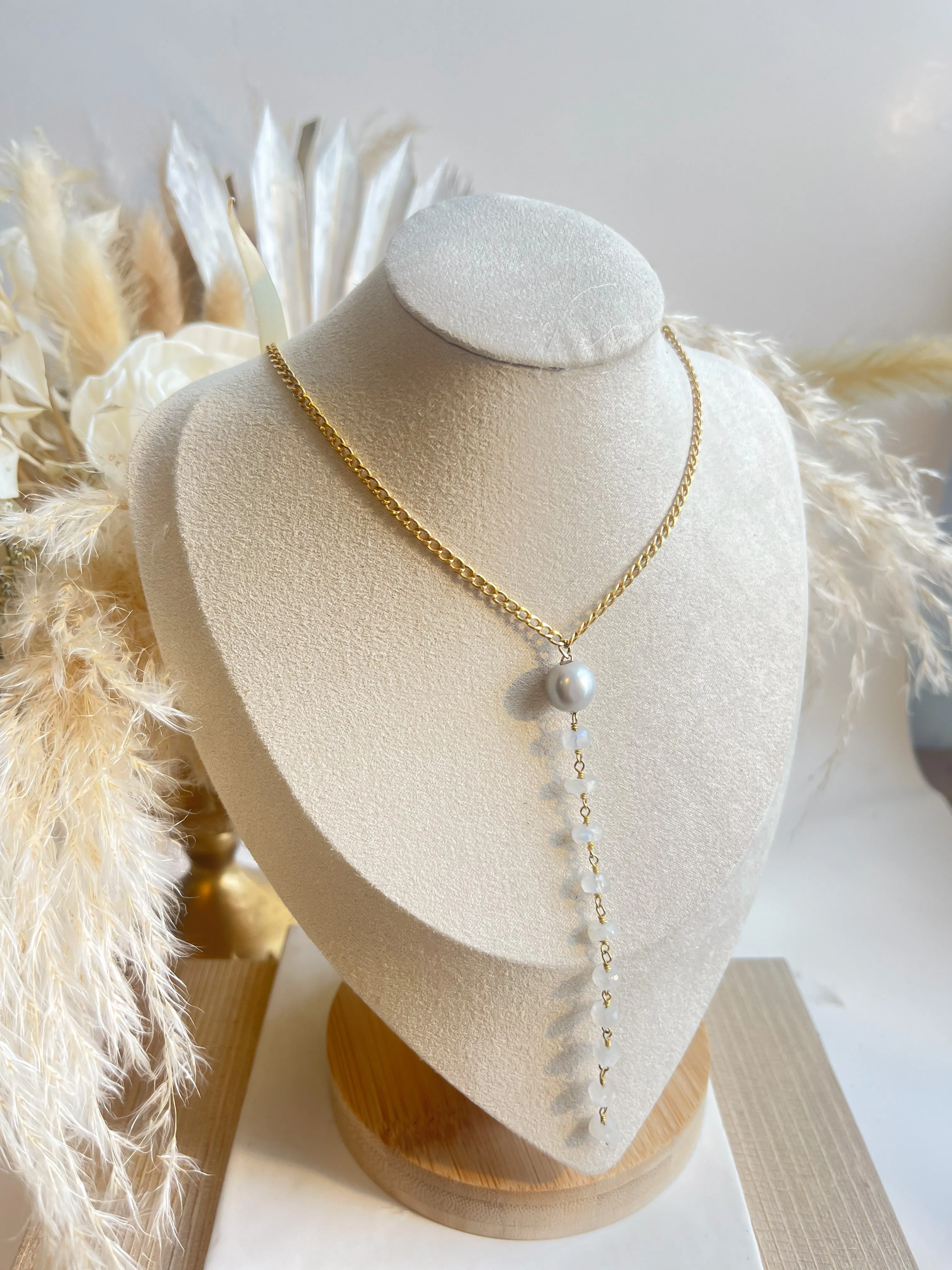 Grey Pearl   Moonstone 'Y' Necklace