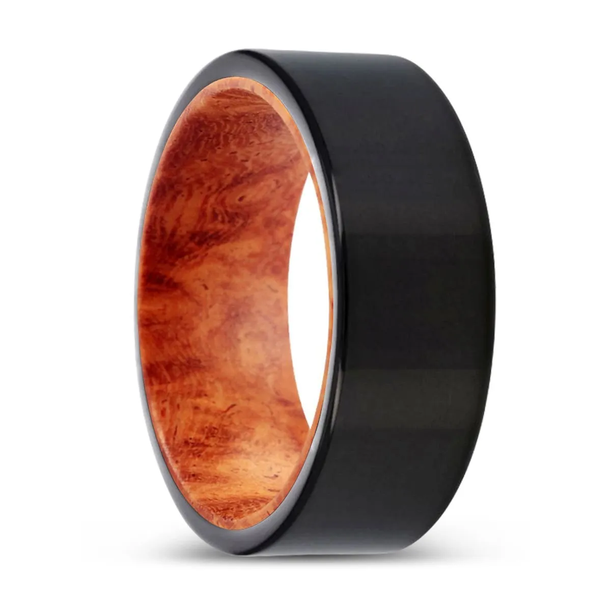 HAWKES | Red Burl Wood, Black Tungsten Ring, Shiny, Flat