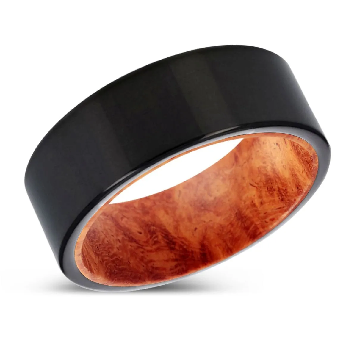 HAWKES | Red Burl Wood, Black Tungsten Ring, Shiny, Flat