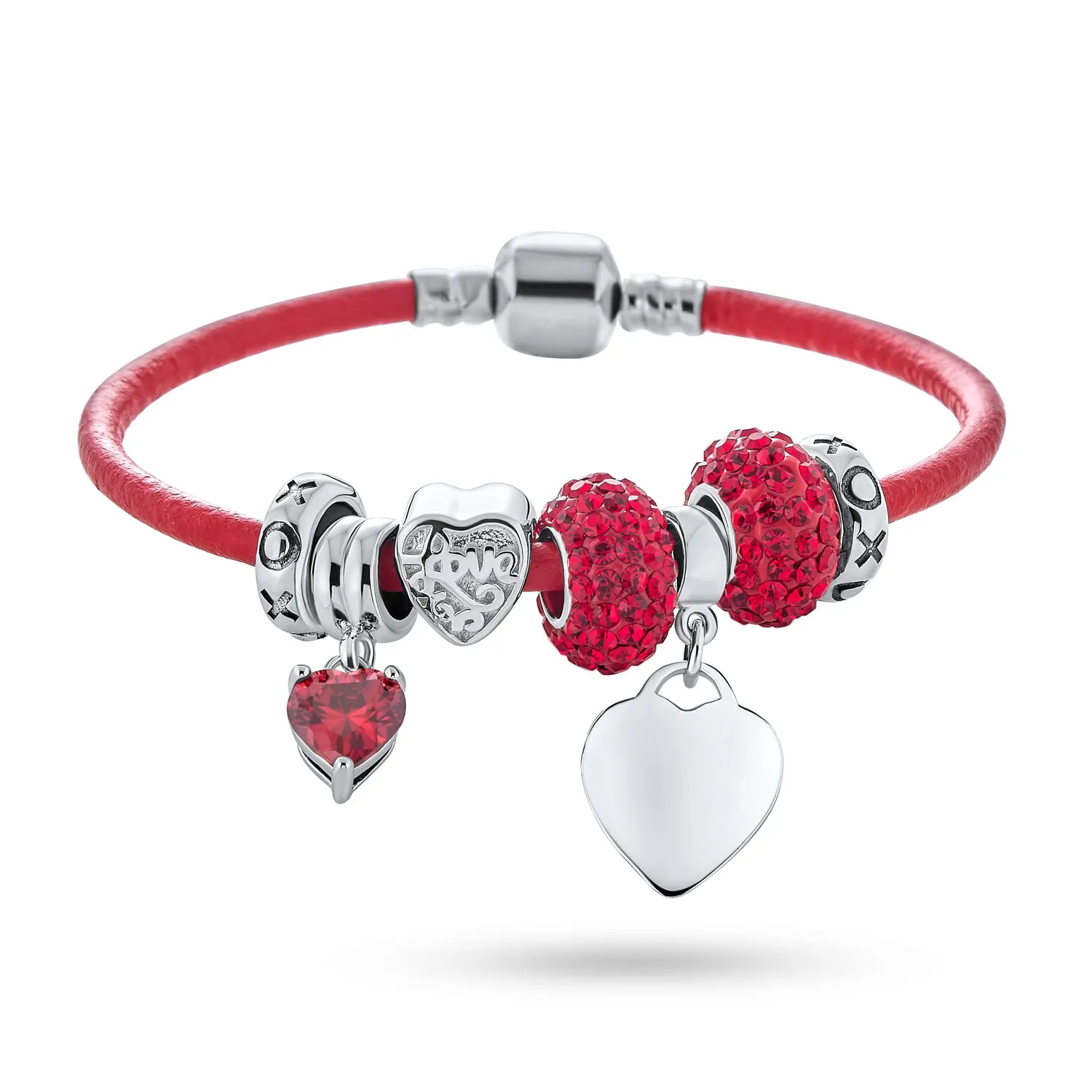 Heart Lover Couples Valentine Charm Bracelet with Red Leather & Silver Clasp