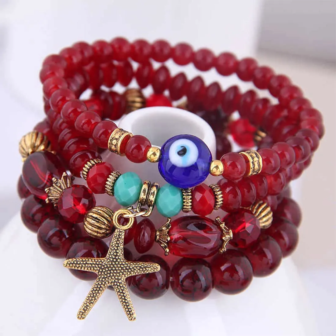 Kairangi Bracelet for Women and Girls Evil Eye Nazariya Bracelets for Women | 4 Pcs Red Beads Layered Bracelet | Birthday Gift For girls and women Anniversary Gift for Wife