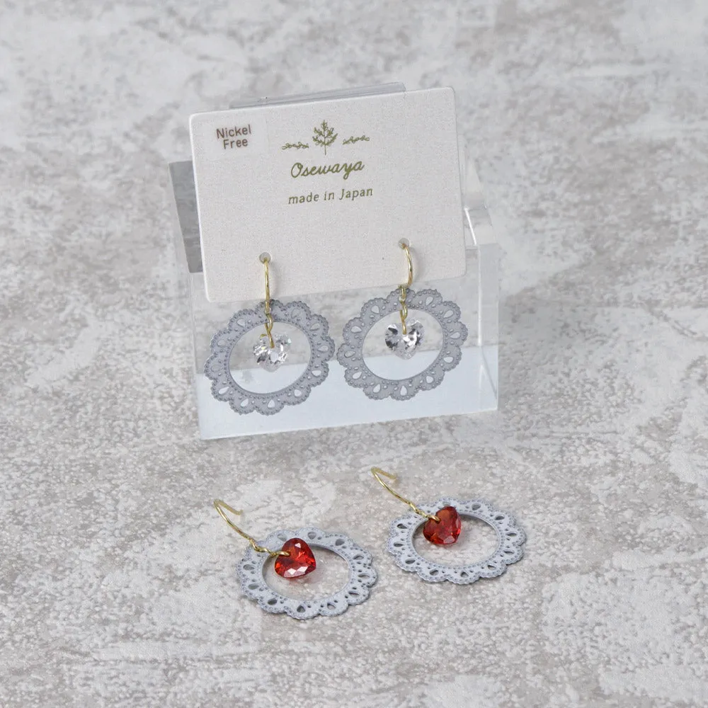 Lace Circle Heart Stone Earrings