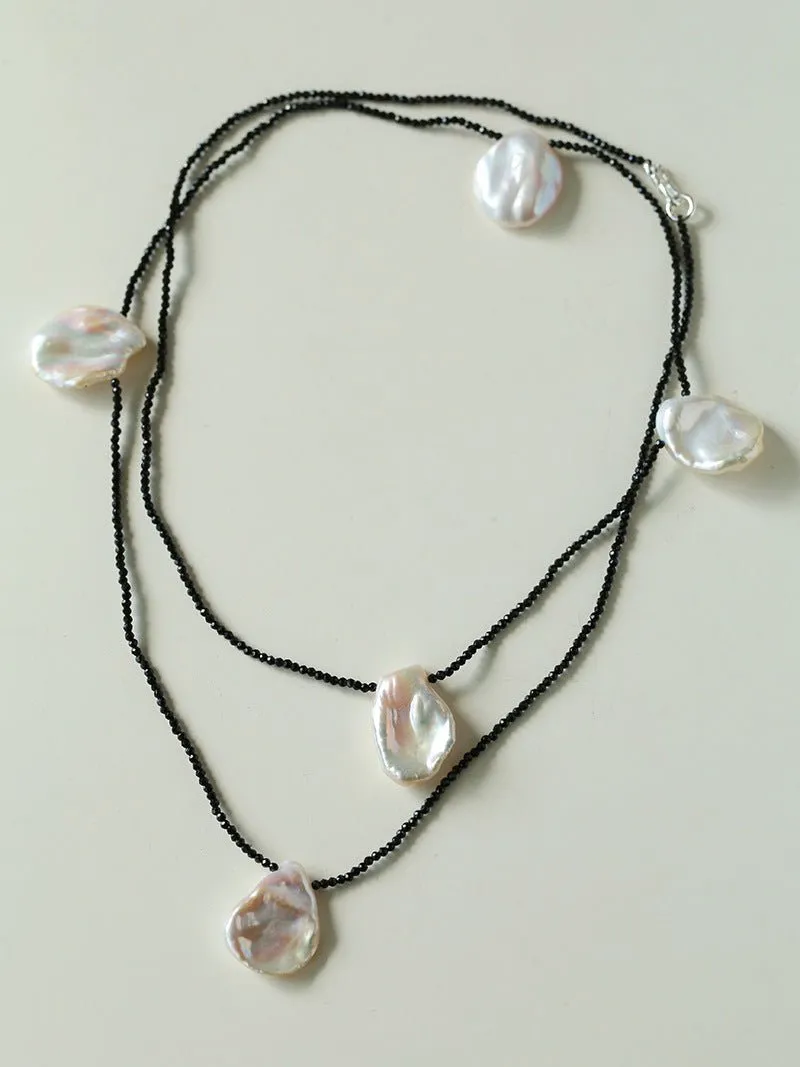 Large Petal Baroque Pearl Black Spinel Necklace-Five Pearls