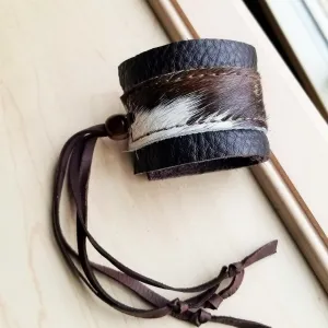 **Leather Cuff w/ Adjustable Leather Tie- Brown & White Hair on Hide (010d)