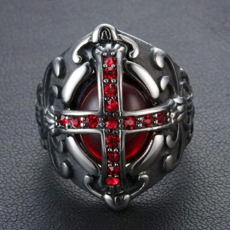 Men's Stainless Steel Vintage Ruby Red Gemstone Cross Rings Silver Black Gothic Biker Wedding Band