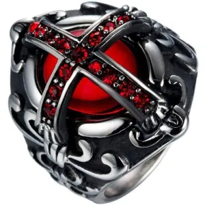 Men's Stainless Steel Vintage Ruby Red Gemstone Cross Rings Silver Black Gothic Biker Wedding Band