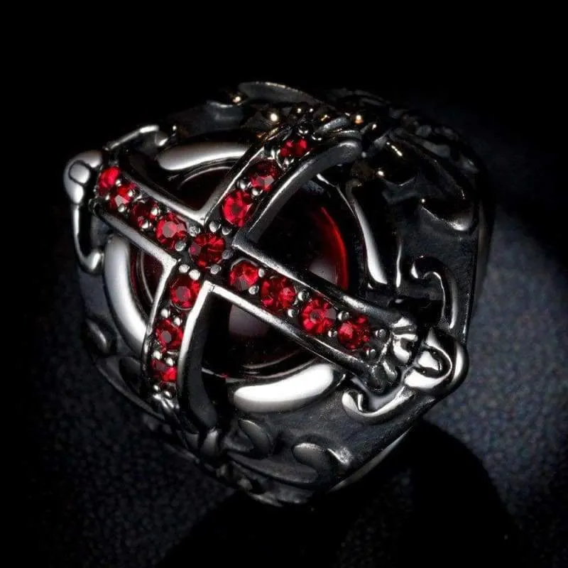 Men's Stainless Steel Vintage Ruby Red Gemstone Cross Rings Silver Black Gothic Biker Wedding Band