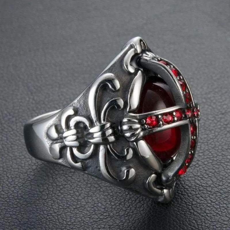 Men's Stainless Steel Vintage Ruby Red Gemstone Cross Rings Silver Black Gothic Biker Wedding Band