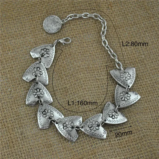 MISANANRYNE 1pc Gypsy Bohemian Antique Silver Color Carved Flower Triangle Coin Bracelet Turkish Ethnic Tribal