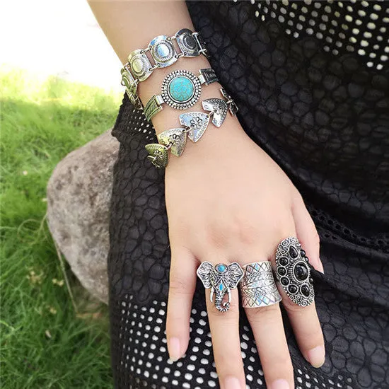 MISANANRYNE 1pc Gypsy Bohemian Antique Silver Color Carved Flower Triangle Coin Bracelet Turkish Ethnic Tribal