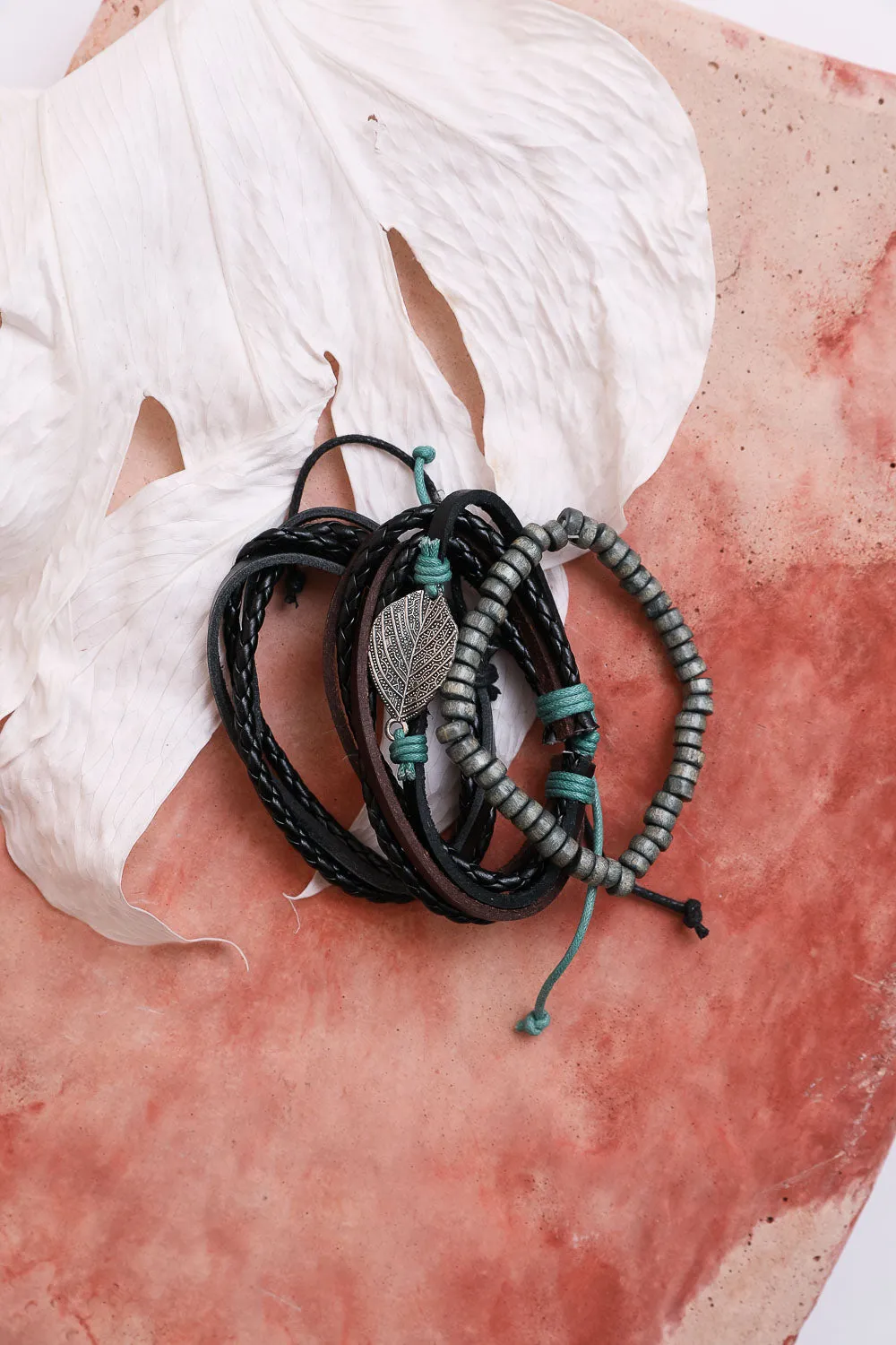 Multi-wrap Leather Braid Bead Bracelet