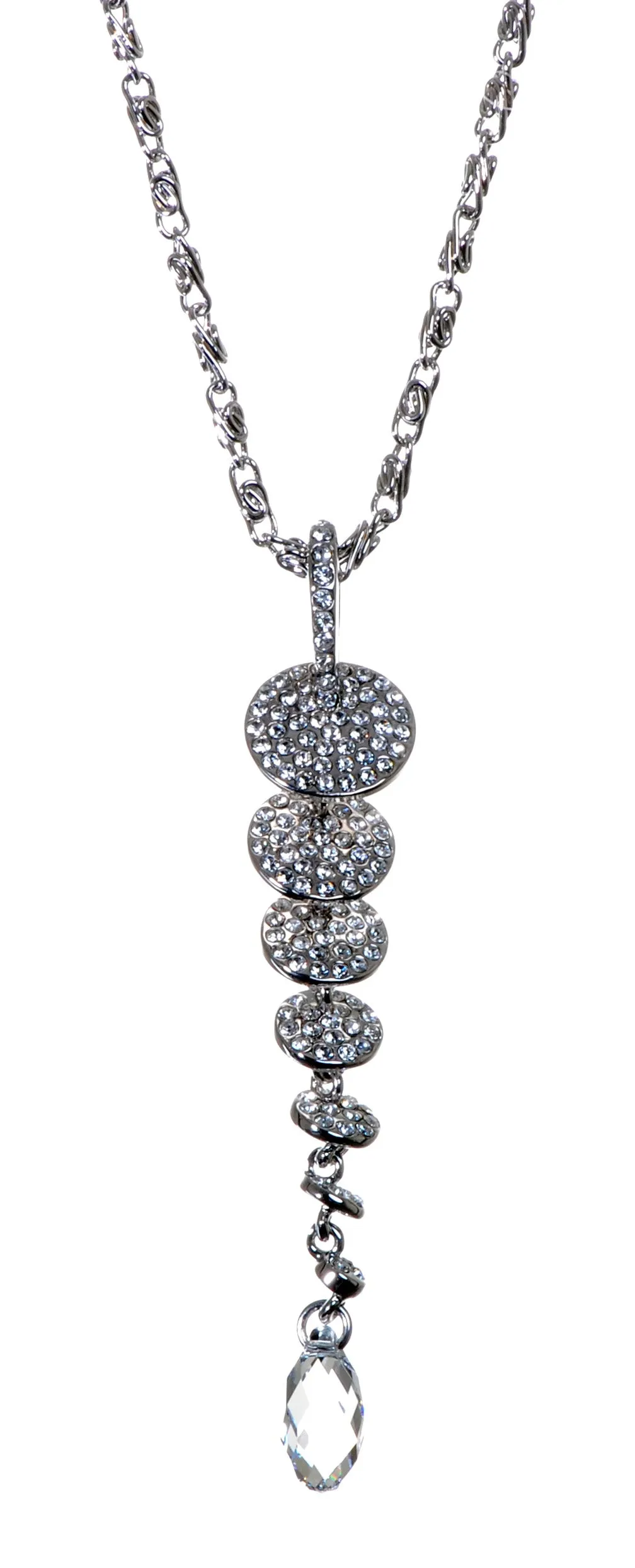 N7149 Rhodium Swarovski Disk Drop Pendant Necklace