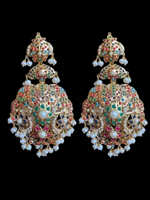 Navratan gold plated silver earrings with fresh water pearls ( SHIPS IN 4 WEEKS )