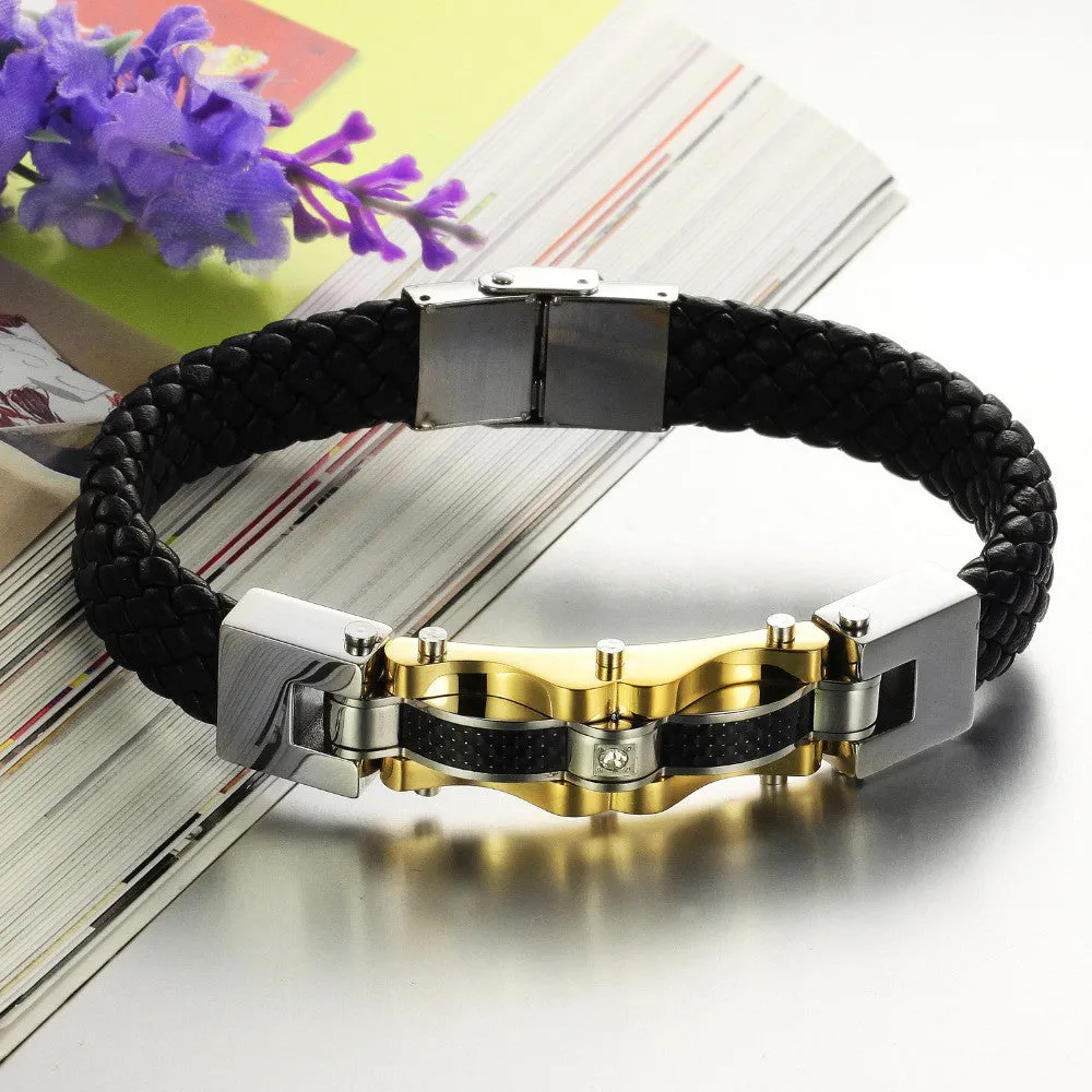 New men's vintage gold jewelry steampunk leather bracelet fashion black bangle luxury charm items