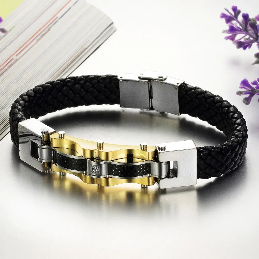 New men's vintage gold jewelry steampunk leather bracelet fashion black bangle luxury charm items